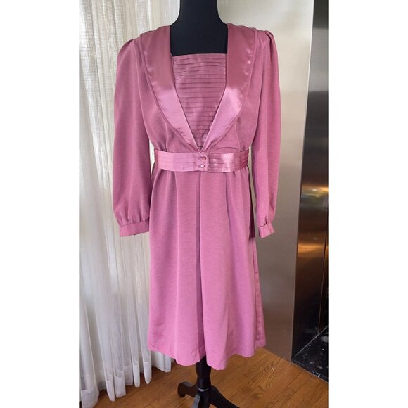 Vintage 80s gown, pink satin dress, long sleeves, modest officewear - Picture 1 of 9